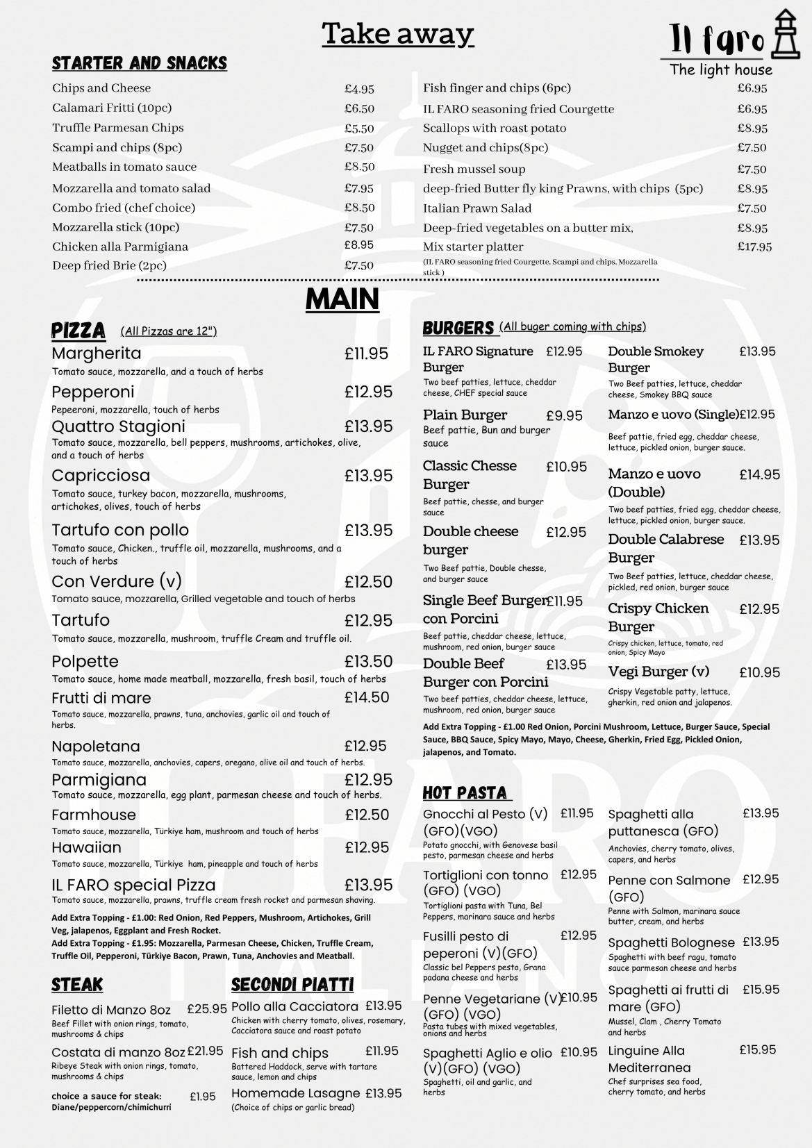 Il Faro Takeaway Menu